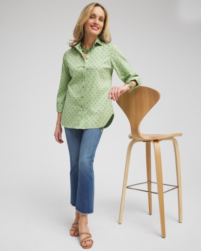 Chicos No Iron Stretch Dot Print 3/4 Sleeve Shirt - Verdant Green