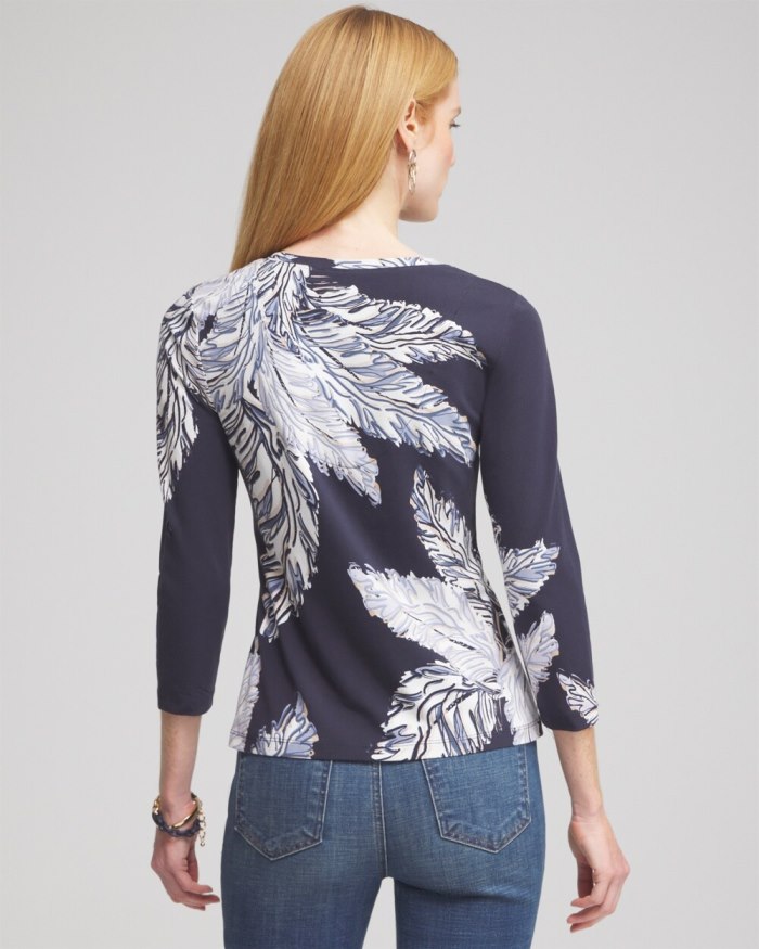 Chicos Leaf Print 3/4 Sleeve Perfect Tee - Classic Navy