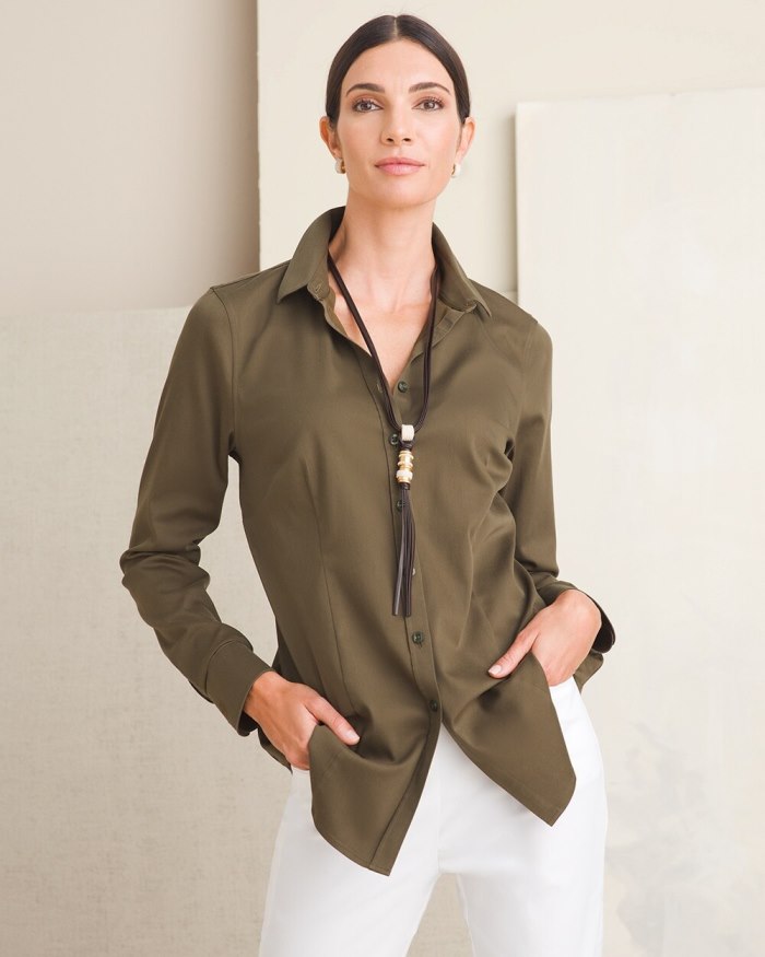 Chicos No-Iron Fitted Stretch Shirt - Ambered Olive