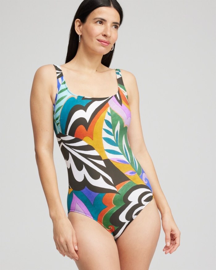 Chicos Print Square Neck One Piece Swimsuit - Multi