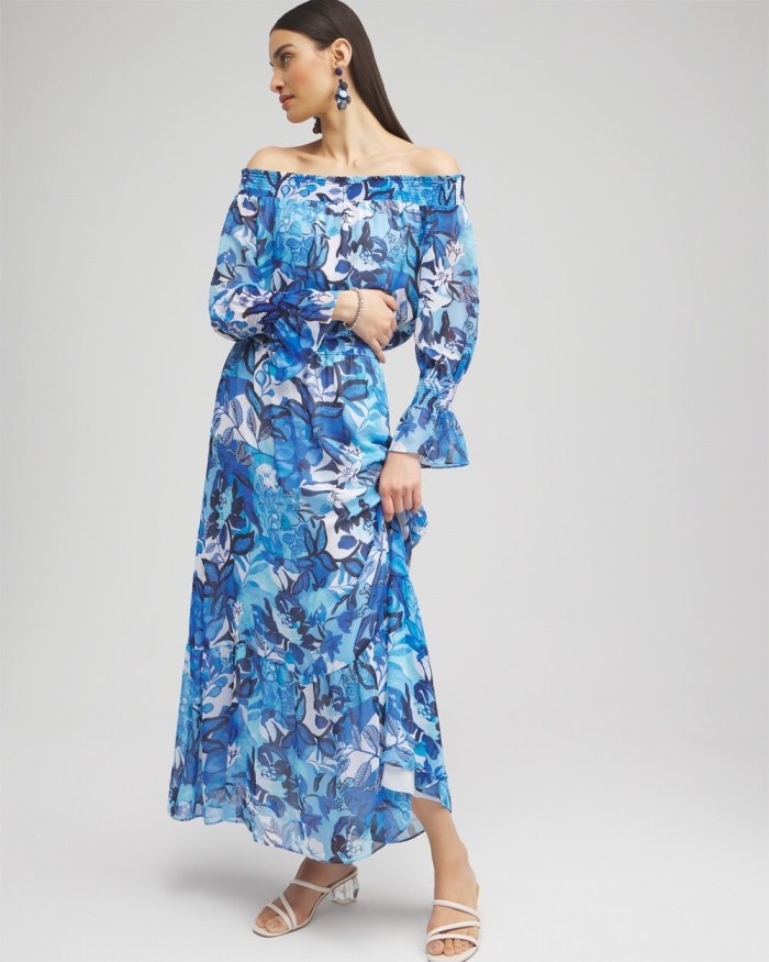 Chicos Chiffon Floral Maxi Dress - Classic Navy