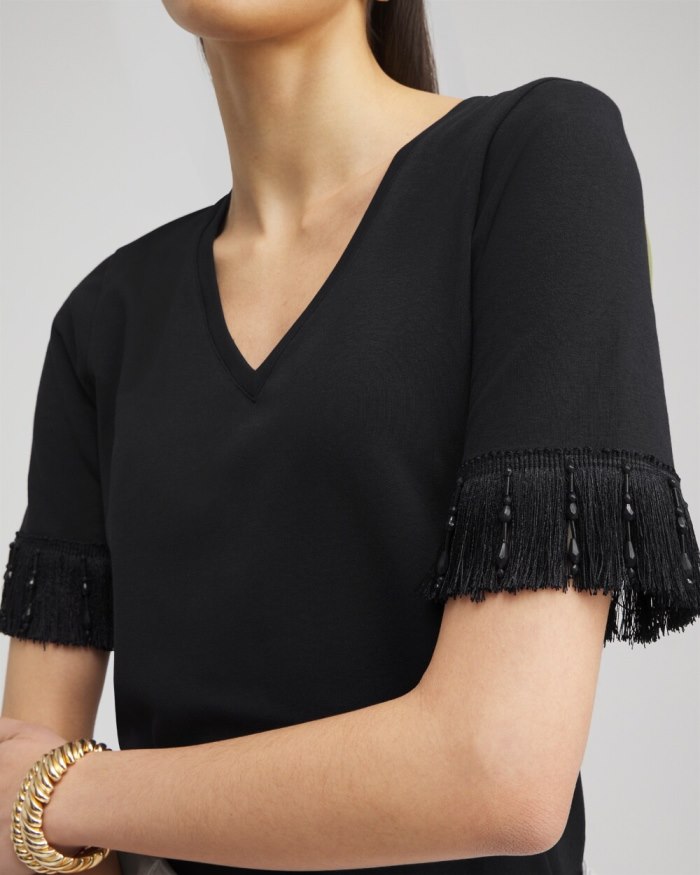 Chicos Fringe Trim Top - Classic Navy