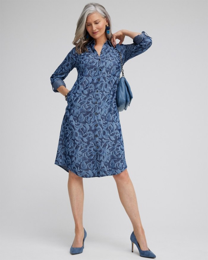 Chicos Roll Tab Shirt Dress - Blue Echo