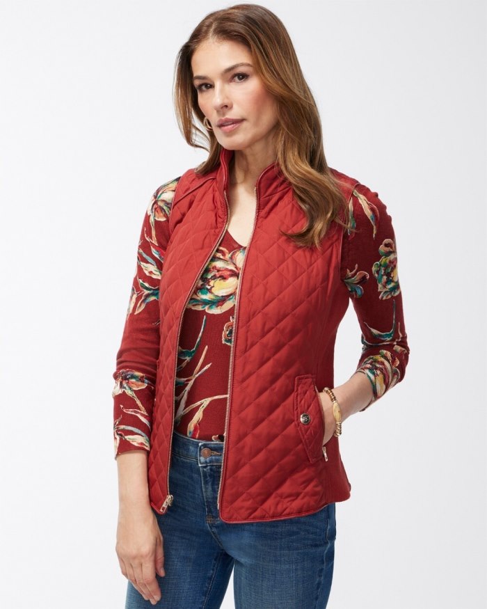 Chicos Rib Trim Quilted Vest - Smoked Paprika