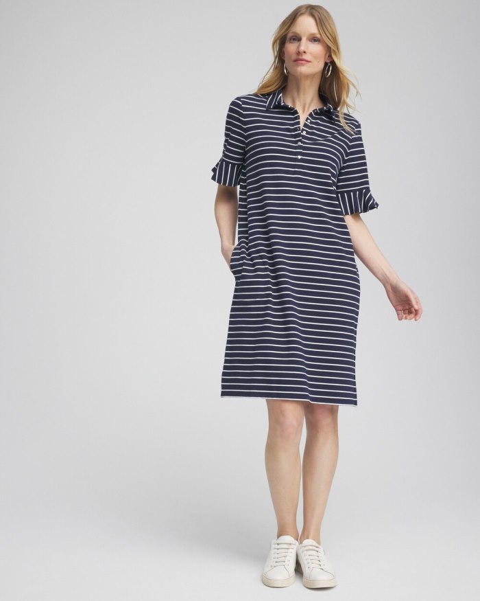 Chicos Zenergy UPF Neema Stripe Ruffle Dress - Classic Navy