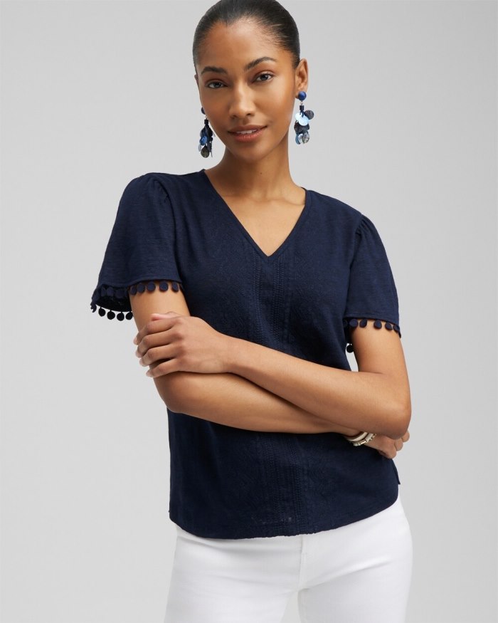 Chicos Linen Embroidered Flutter Sleeve Top - Classic Navy