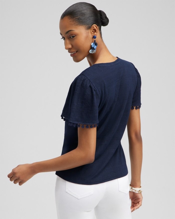 Chicos Linen Embroidered Flutter Sleeve Top - Classic Navy