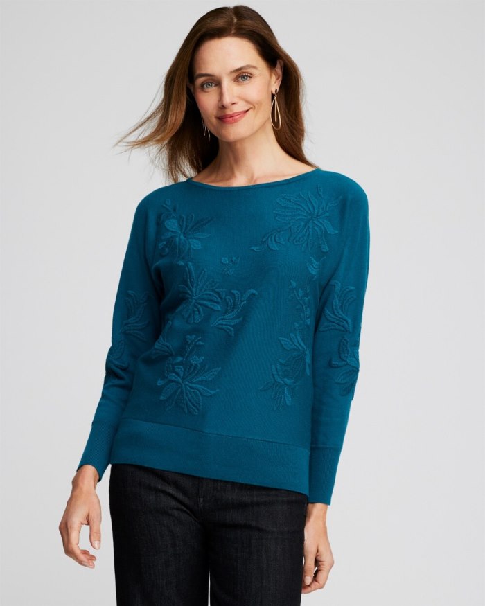 Chicos Blue Textured Floral Pullover Sweater - Moonlit Teal