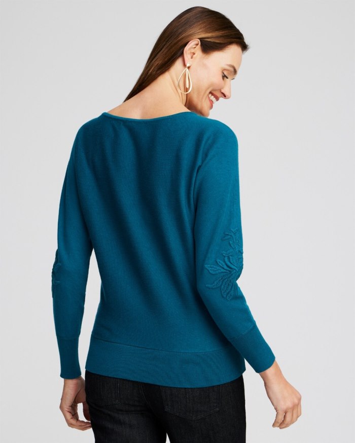 Chicos Blue Textured Floral Pullover Sweater - Moonlit Teal