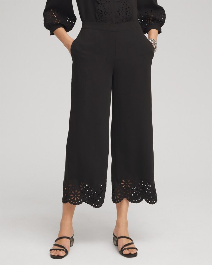 Chicos Satin Eyelet Hem Culottes - Black