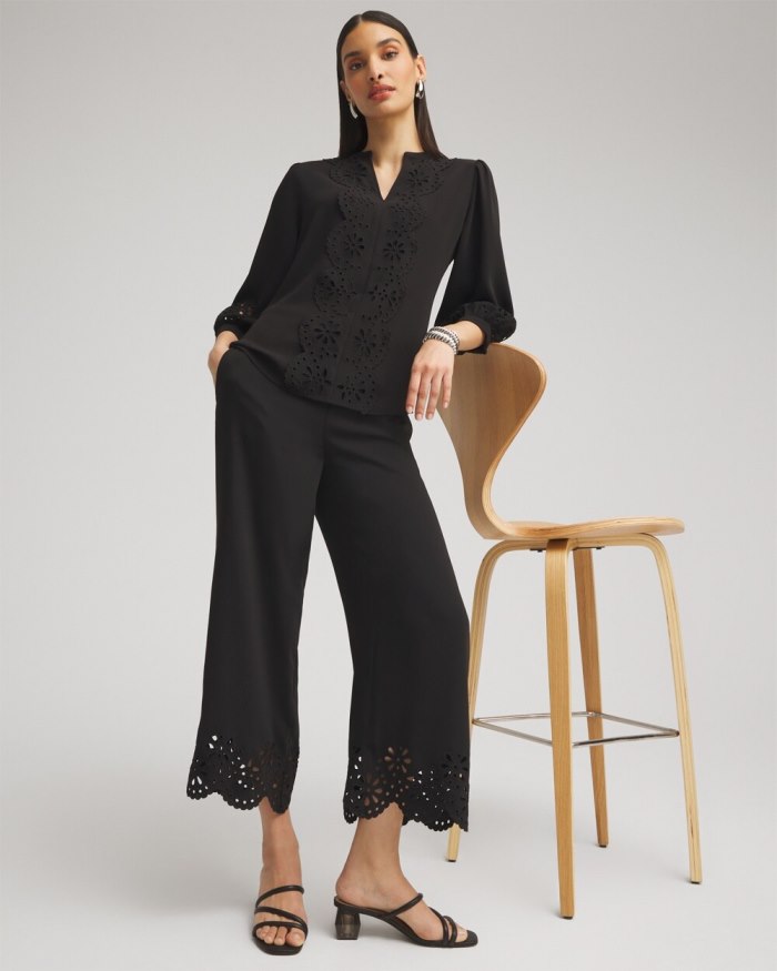 Chicos Satin Eyelet Hem Culottes - Black