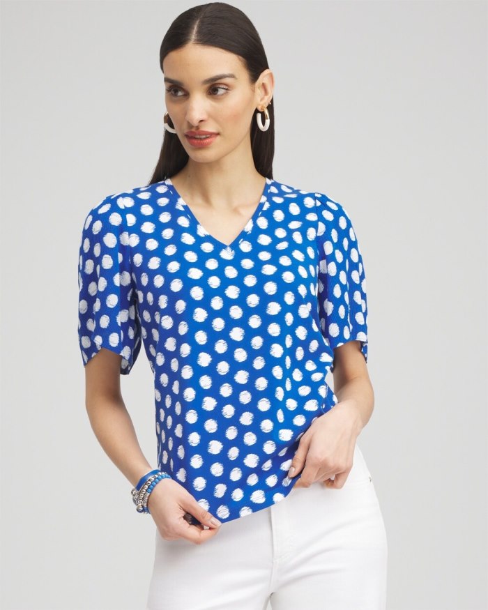 Chicos Dots Gauze Flutter Sleeve Top - Intense Azure