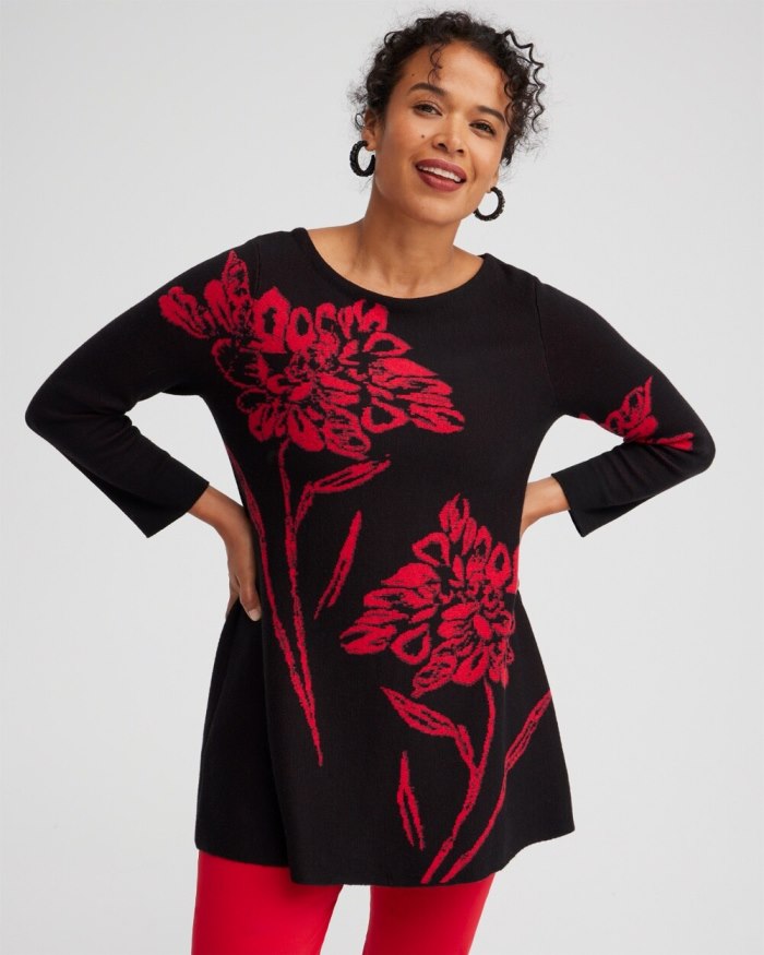 Chicos Red Floral Pullover Sweater - Black