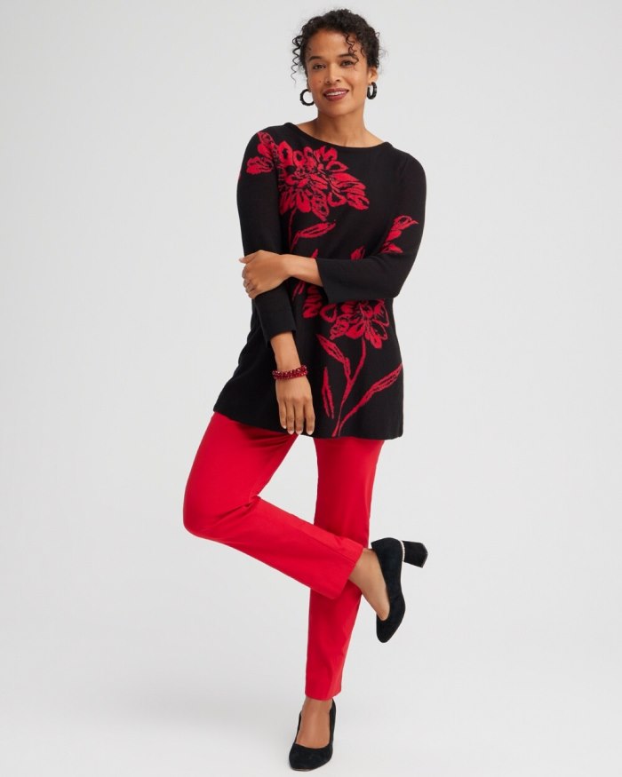 Chicos Red Floral Pullover Sweater - Black