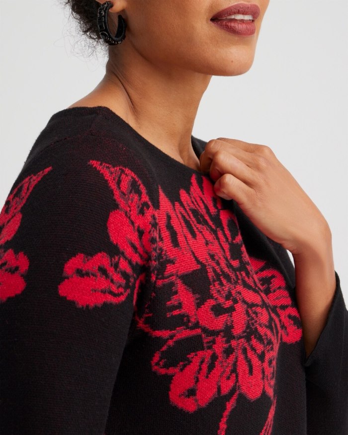 Chicos Red Floral Pullover Sweater - Black