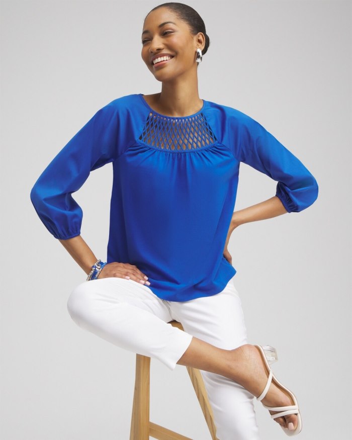 Chicos Lattice Detail Top - Intense Azure