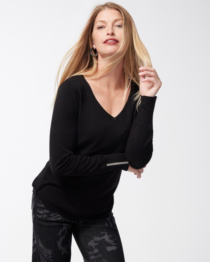 Chicos Caviar Trim V-Neck Pullover Sweater - Black