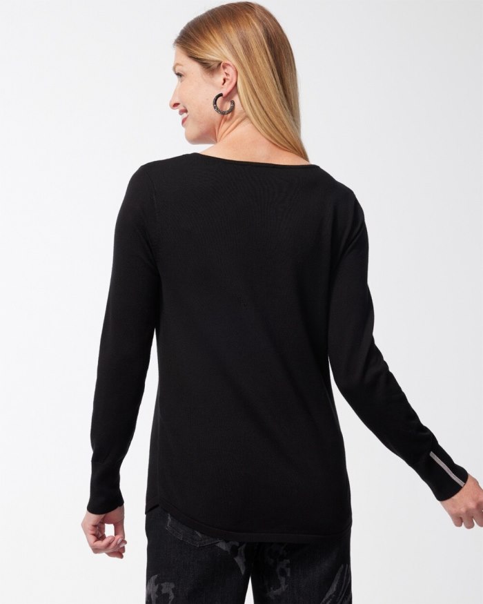 Chicos Caviar Trim V-Neck Pullover Sweater - Black