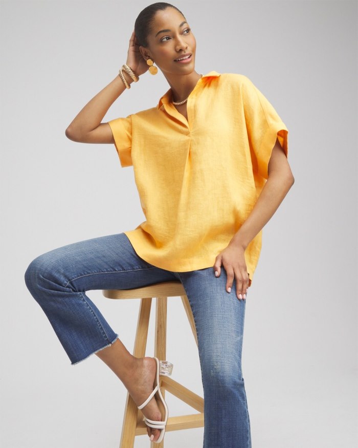 Chicos Linen Popover Top - Mango Sorbet