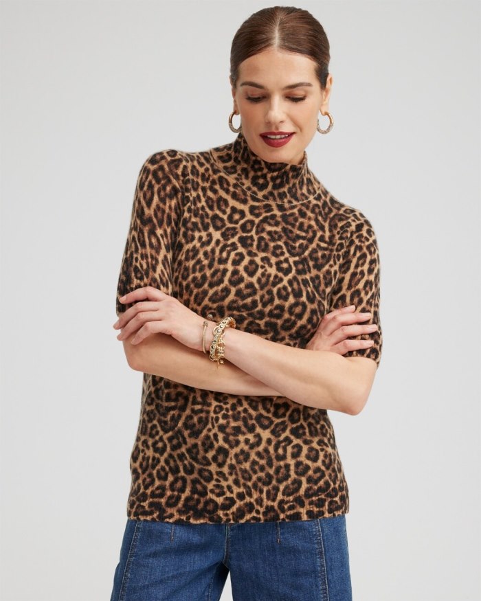 Chicos Cashmere Leopard Elbow Sleeve Sweater - Brown