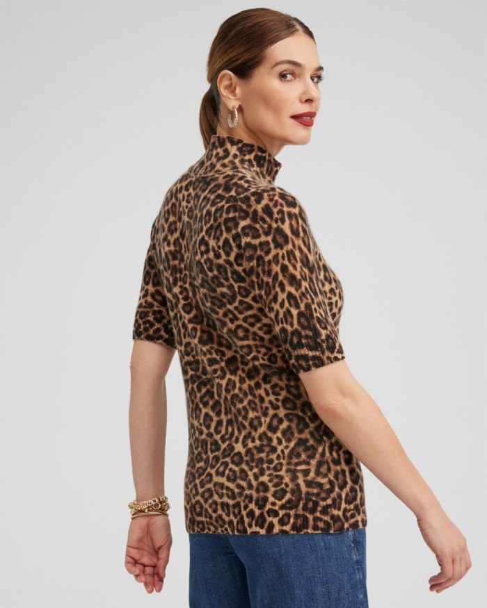 Chicos Cashmere Leopard Elbow Sleeve Sweater - Brown