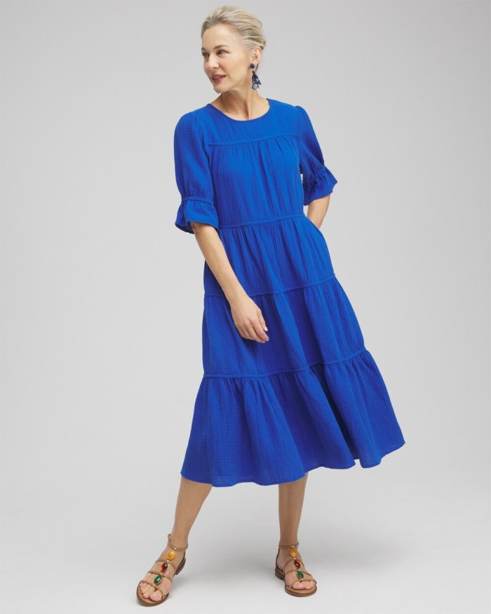 Chicos Gauze Tiered Midi Dress - Intense Azure