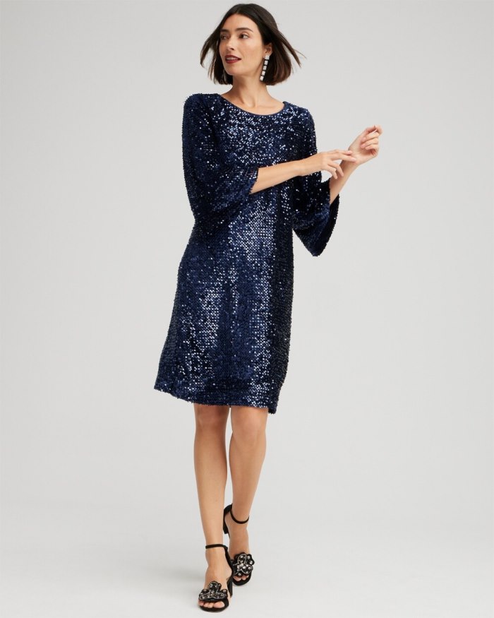 Chicos Velvet Sequin Bell Sleeve Dress - Midnight