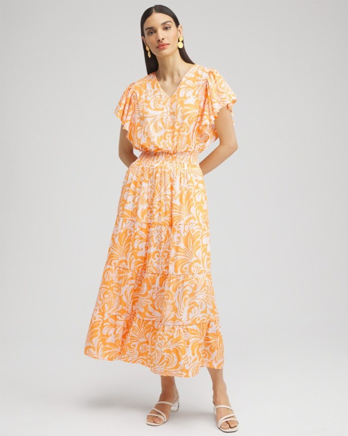 Chicos Flutter Sleeve Tiered Maxi Dress - Nectarine