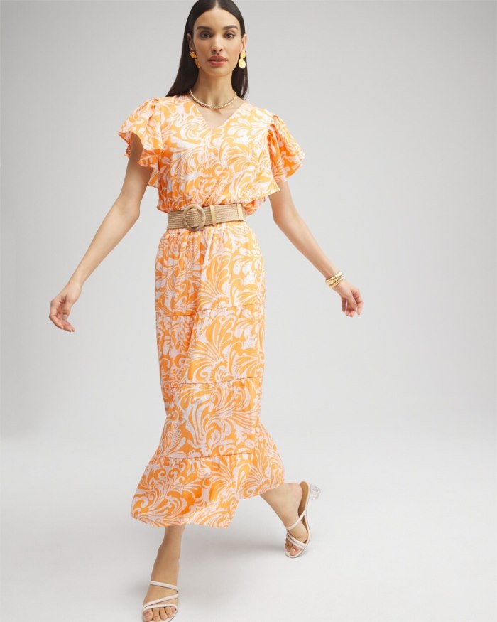 Chicos Flutter Sleeve Tiered Maxi Dress - Nectarine