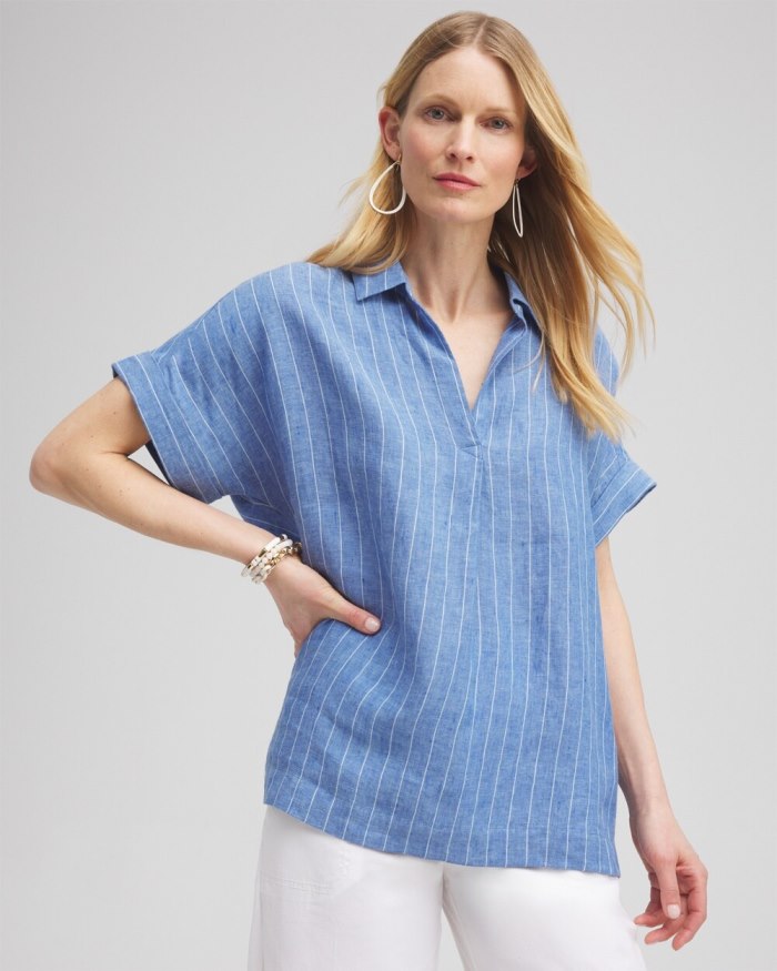 Chicos Linen Stripe Popover Top - Blue