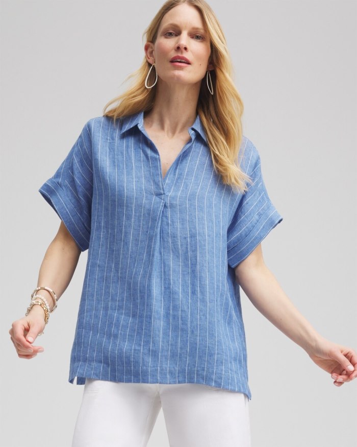 Chicos Linen Stripe Popover Top - Blue