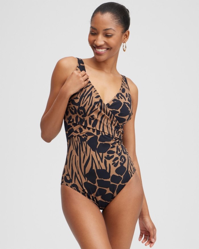 Chicos Wrap Front One Piece Swimsuit - Black/Brown