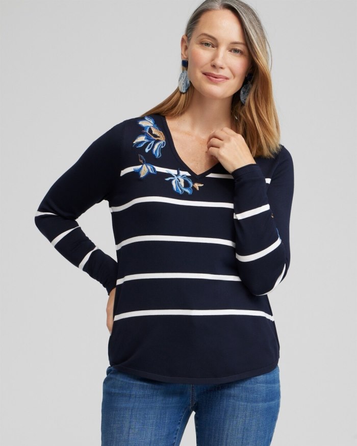 Chicos Spun Rayon Stripe V-neck Pullover - Classic Navy