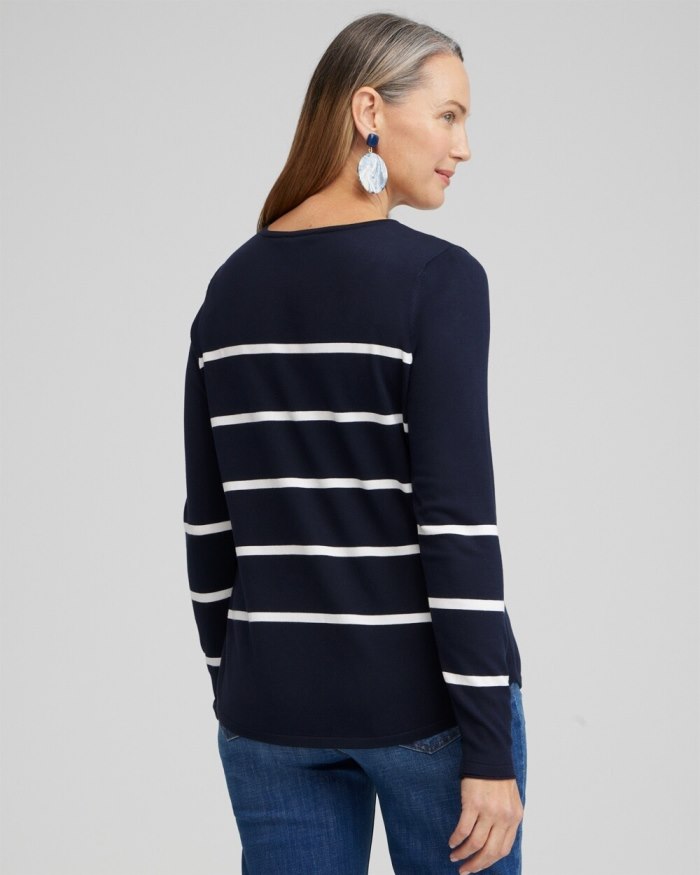 Chicos Spun Rayon Stripe V-neck Pullover - Classic Navy