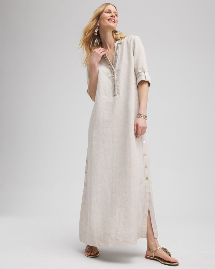 Chicos Linen Embellished Maxi Shirt Dress - Oatmeal