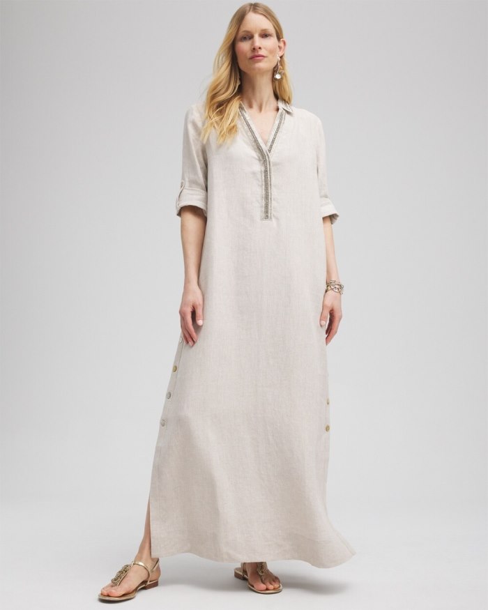 Chicos Linen Embellished Maxi Shirt Dress - Oatmeal