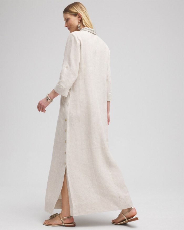 Chicos Linen Embellished Maxi Shirt Dress - Oatmeal