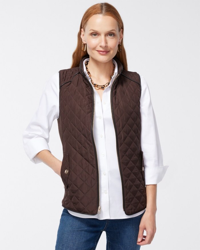 Chicos Rib Trim Quilted Vest - Cocoa Bean