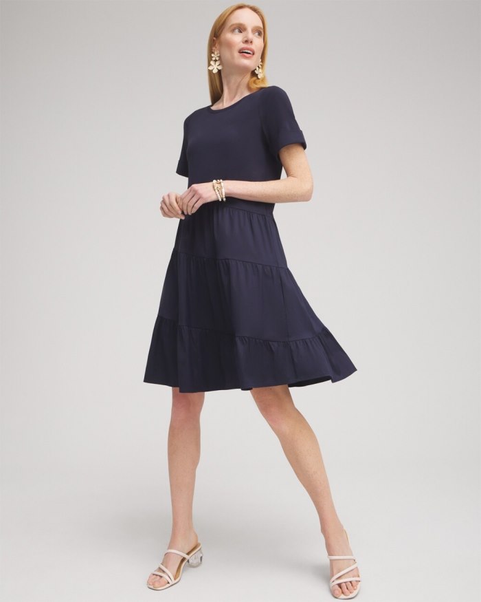 Chicos Asymmetrical Knit Woven Tiered Dress - Classic Navy