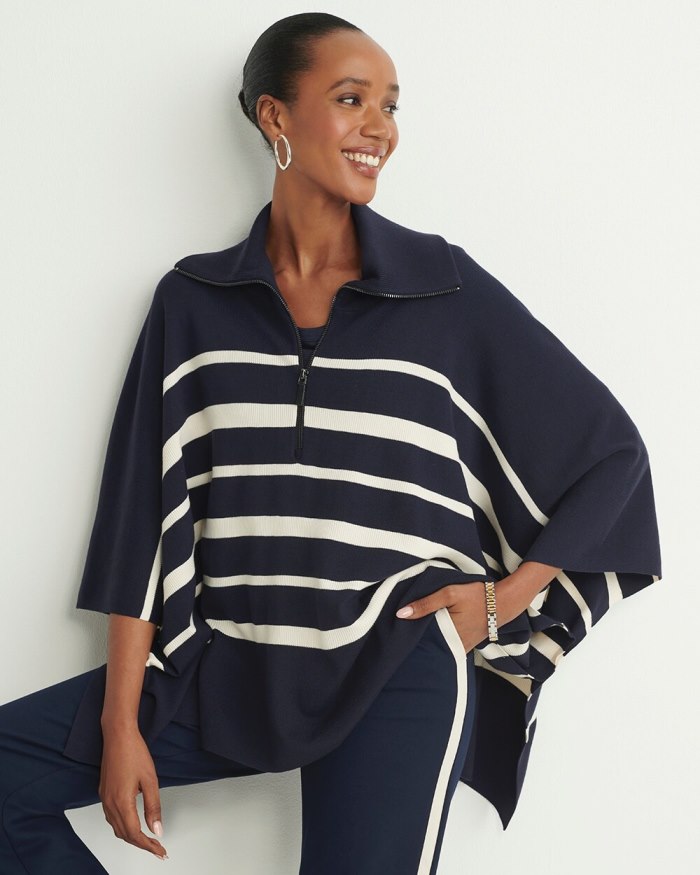 Chicos Stripe Zip Collar Sweater Poncho - Classic Navy