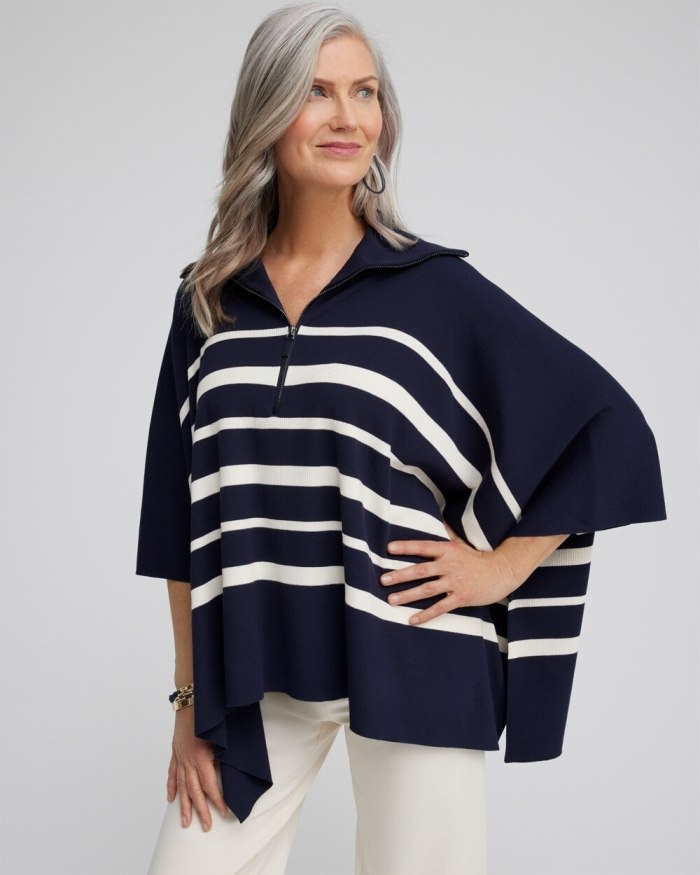 Chicos Stripe Zip Collar Sweater Poncho - Classic Navy