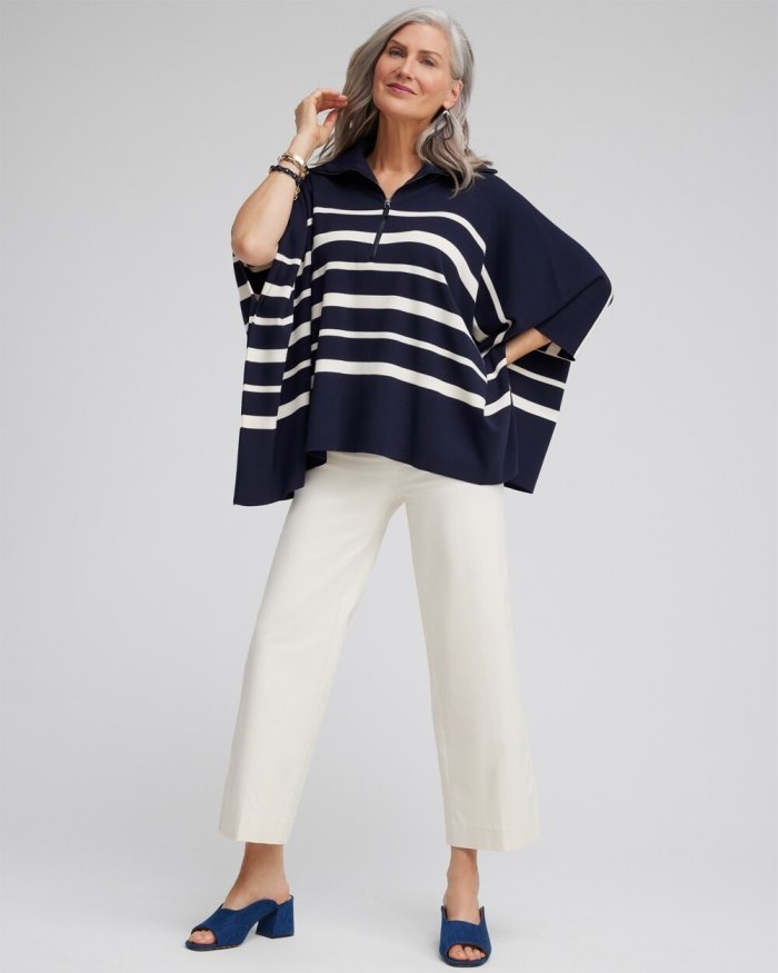 Chicos Stripe Zip Collar Sweater Poncho - Classic Navy