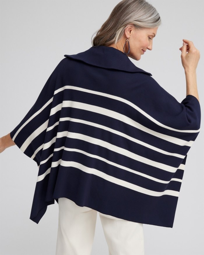 Chicos Stripe Zip Collar Sweater Poncho - Classic Navy