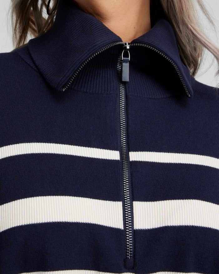 Chicos Stripe Zip Collar Sweater Poncho - Classic Navy