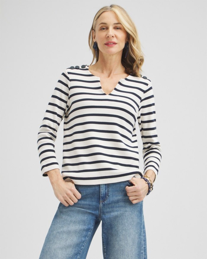 Chicos Striped Notch Neck Top - Classic Navy