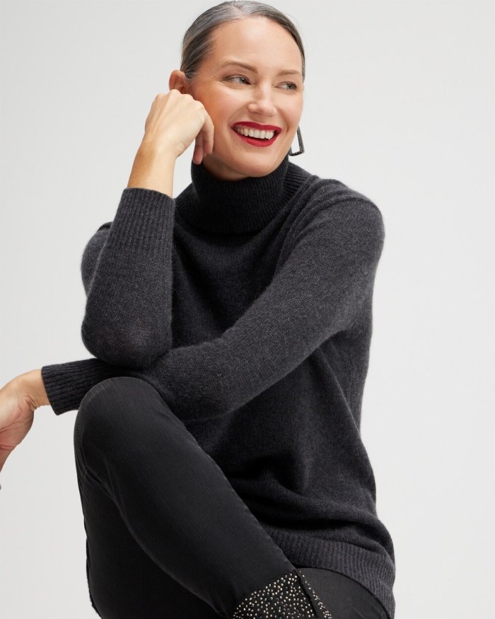 Chicos Cashmere Turtleneck Tunic Sweater - Black