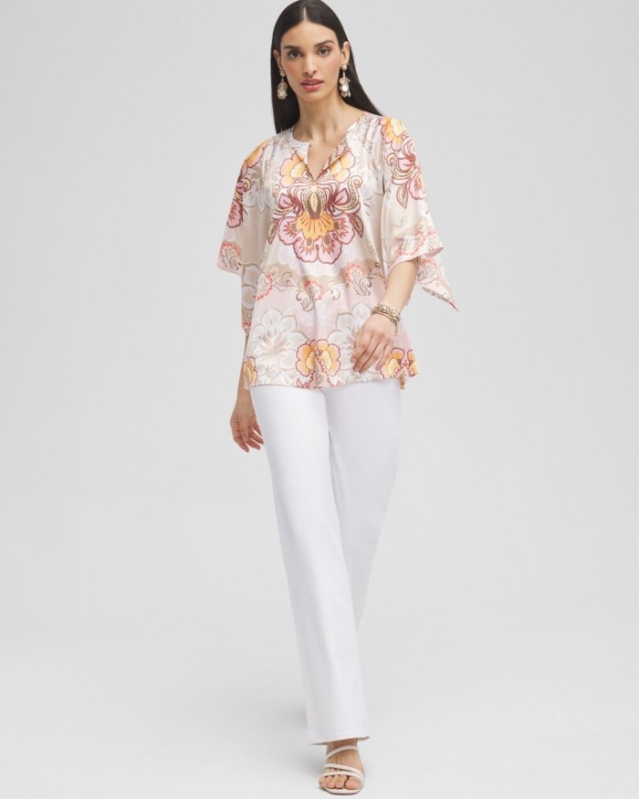 Chicos Satin Floral Keyhole Neck Blouse - Porcelain Rose