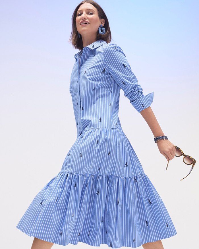 Chicos Poplin Tiered Stripe Shirt Dress - Wisteria Blue