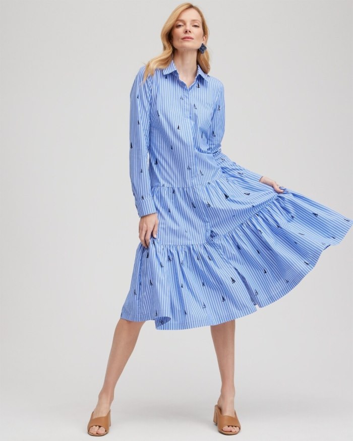 Chicos Poplin Tiered Stripe Shirt Dress - Wisteria Blue