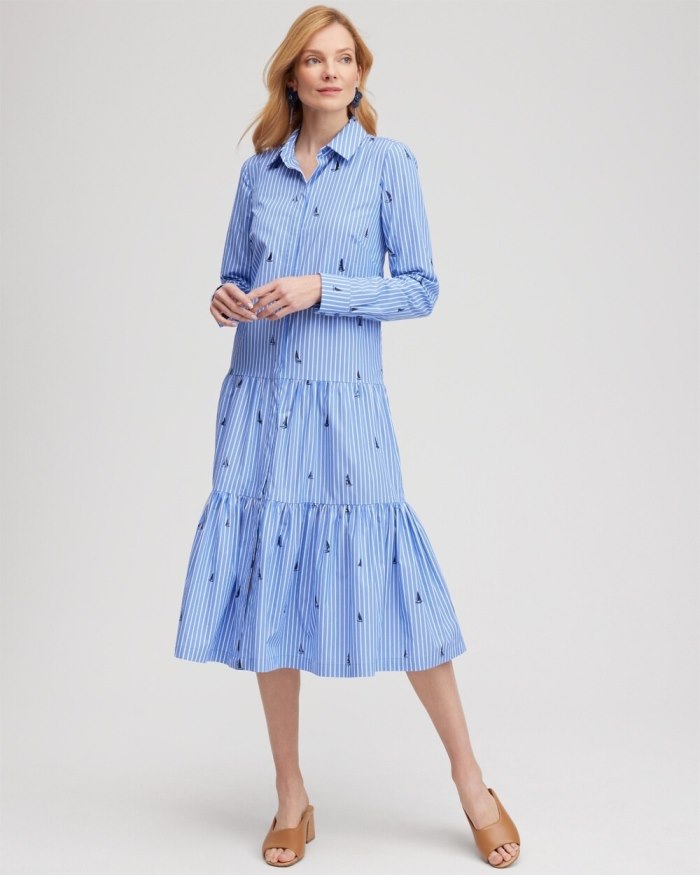 Chicos Poplin Tiered Stripe Shirt Dress - Wisteria Blue